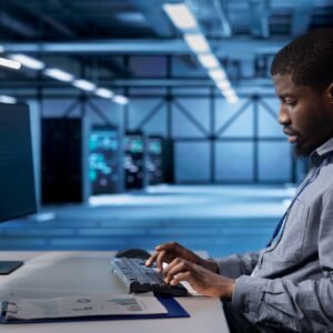Employee checking for signs of tech failure in data center supercomputers