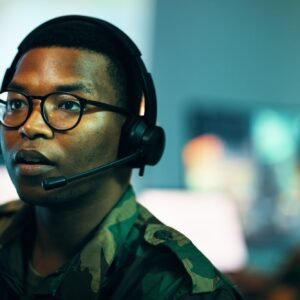 Call center, man and face with microphone and glasses for information technology, big data or intel