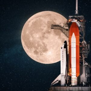 Space shuttle at the base and prepares to launch. Space rocket