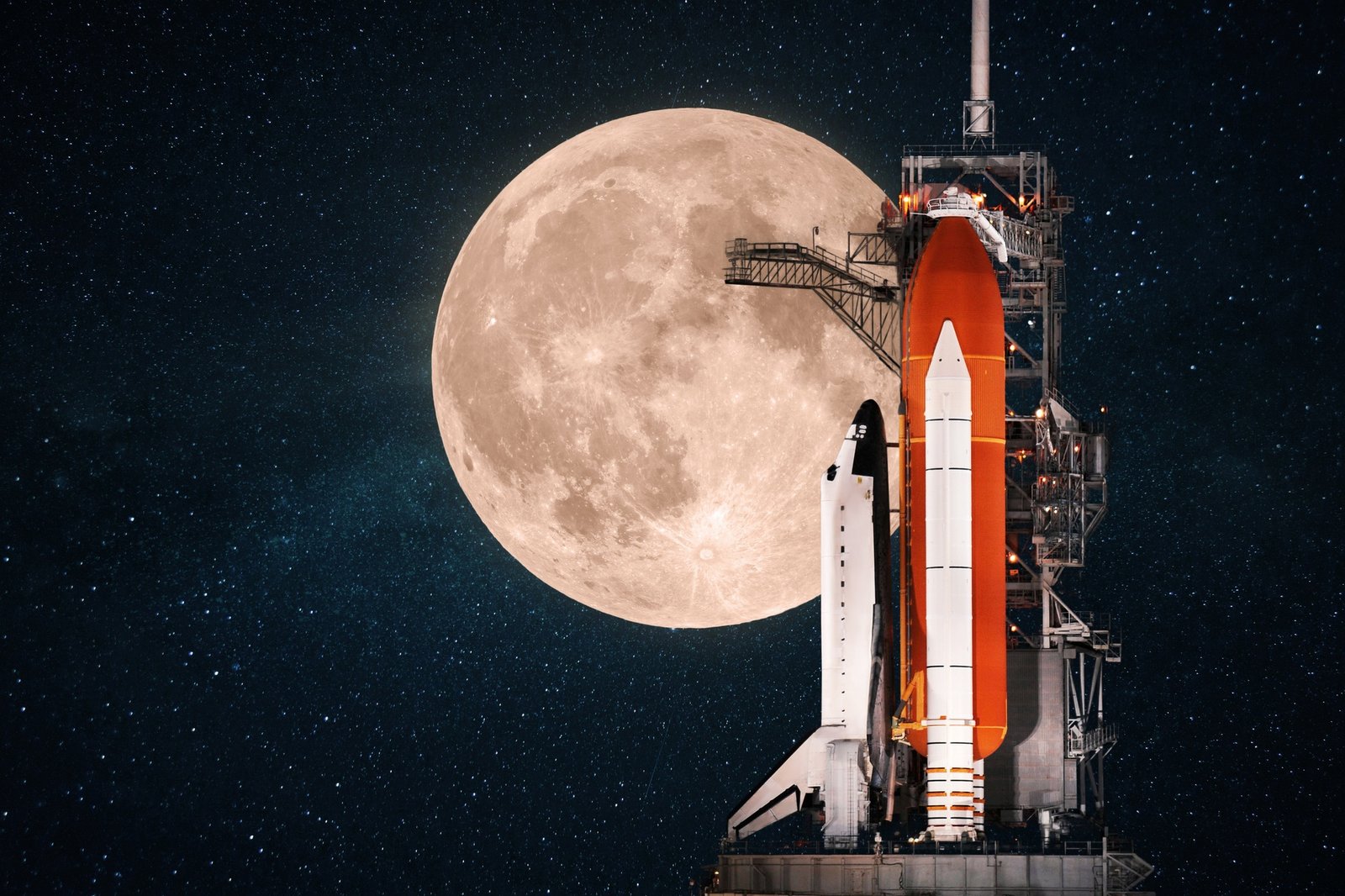 Space shuttle at the base and prepares to launch. Space rocket